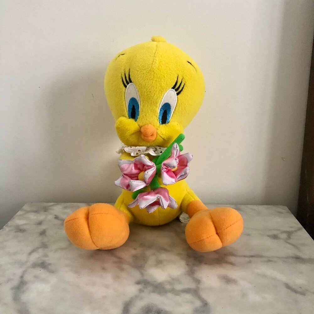 RARE Vtg Tweety Bird Plush Flowers Lace Collar Looney Tunes 11" Easter Spring